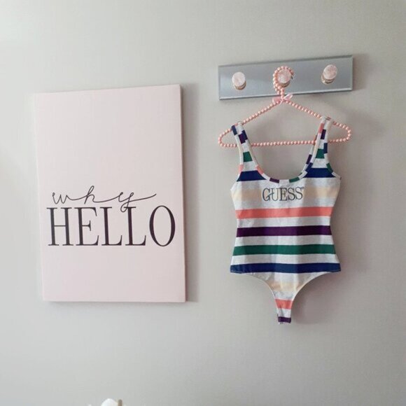 NWT Guess heather grey & multicolour stripe logo tank bodysuit XS - Picture 10 of 11